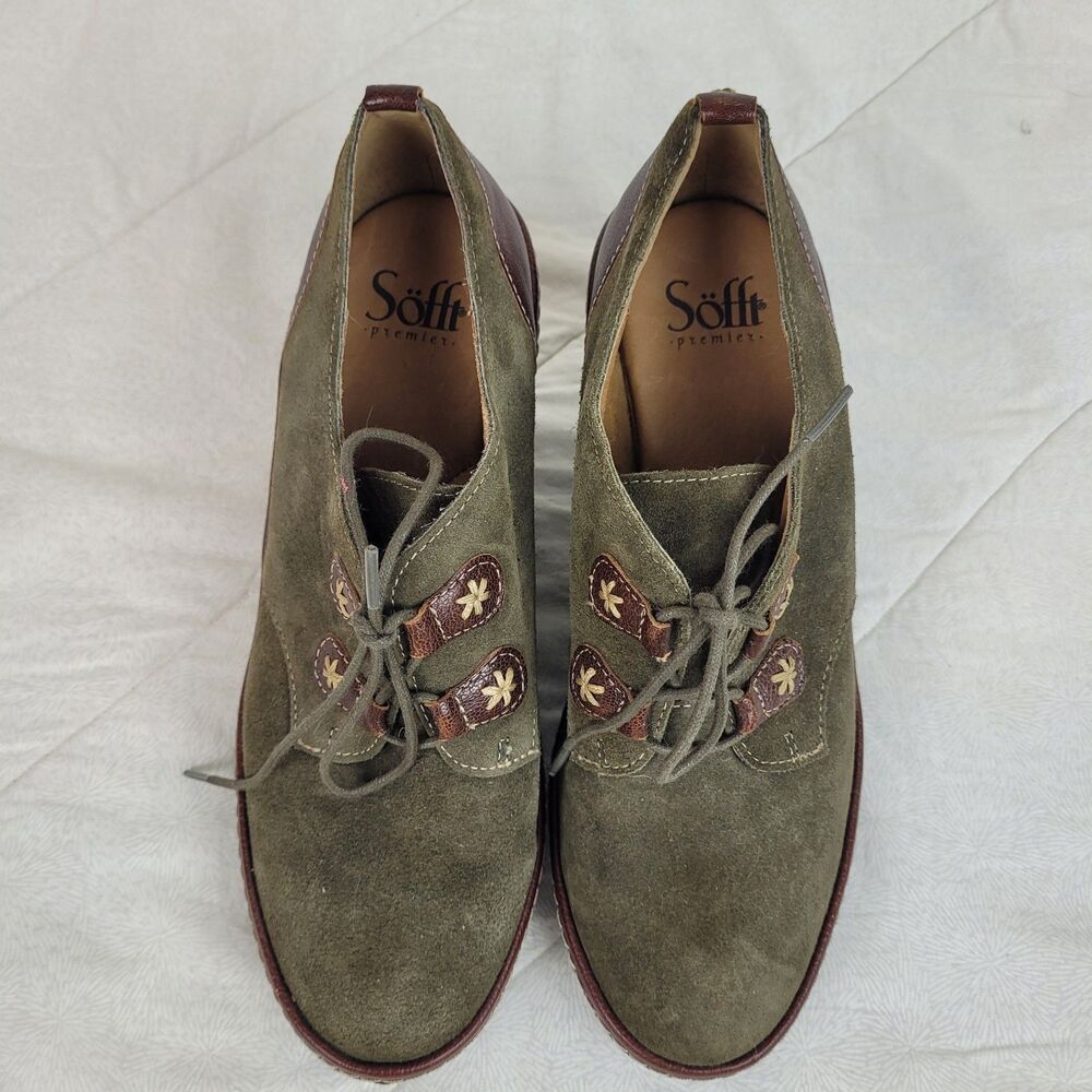 Sofft Camila Wedge lace-up leather booties 7.5M Olive green contrast stitching - Picture 4 of 11